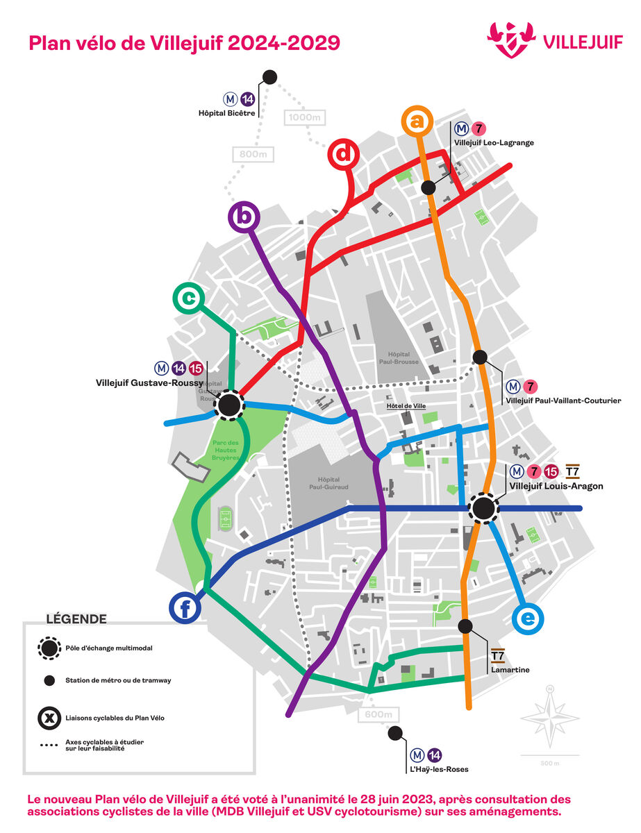 Plan vélo de Villejuif 2024-2029 le nouveau plan vélo de Villejuif a été voté à lunanimité le 28 juin 2023, après consultation des associations cyclistes de la vlle (MDB et USV Cyclotourisme) sur ses aménagements.